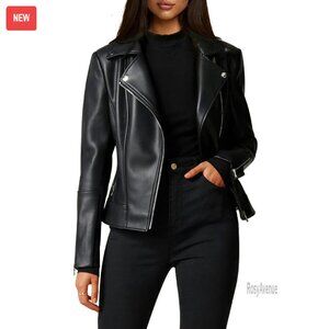 Faux Leather Motorcycle Jacket Stretchy Sleeves Asymmetrical Zipper